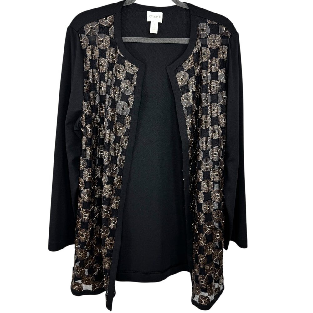 Chico's Unique Black mesh front long cardigan Faux leather Chico's size 3 or XL